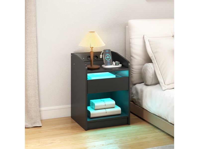 Table de chevet avec station de charge, éclairage led rgb, tiroir, étagère ouverte, ports usb et télécommande, 40 x 40 x 58 cm, noire  - Conforama C