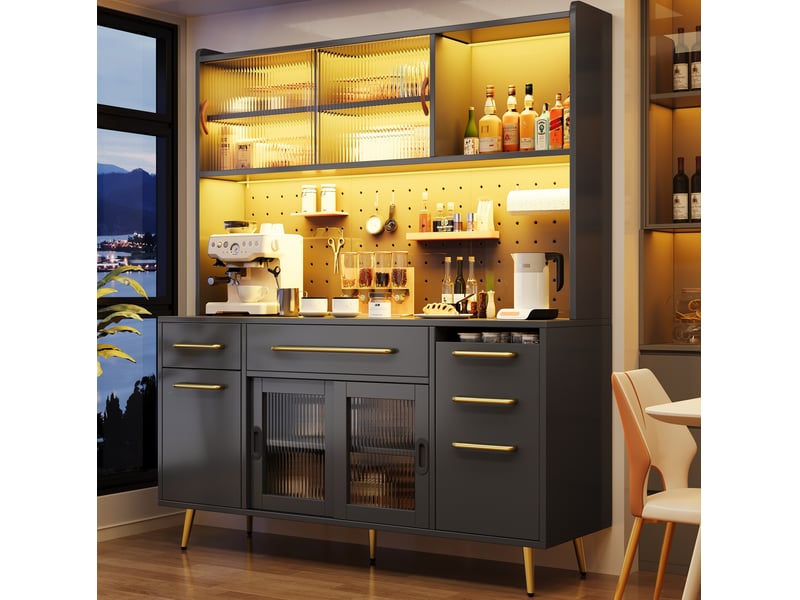  Buffet haut modenvie avec led et panneau perforé 145 x 39 x 171 cm noir mdf verre  - Conforama B