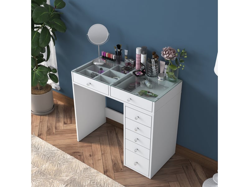  Coiffeuse 7 tiroirs blanc avec plateau en verre  - Conforama D