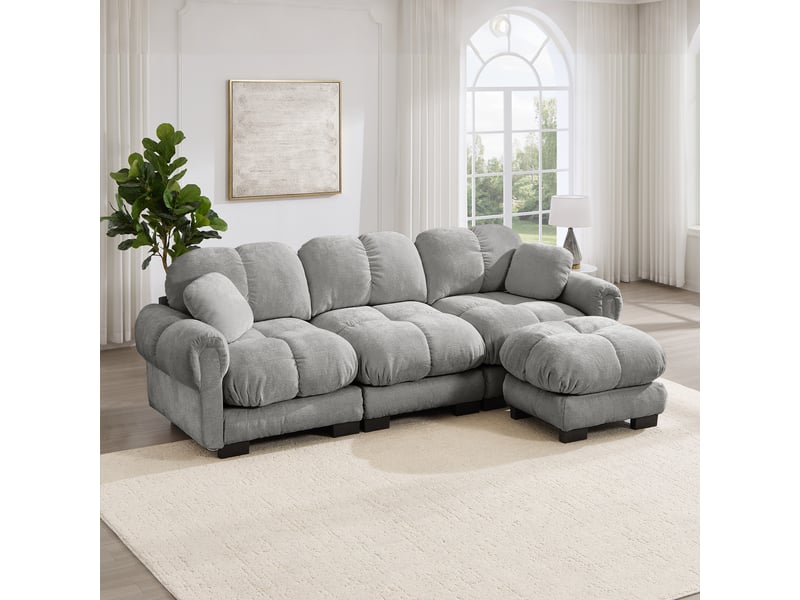 Canapé d'angle, canapé 3 places, gris clair, avec pouf, style cloud, adapté à l'espace de vie, pour salon - Conforama R