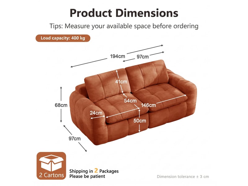 Canapé 2 places, revêtement en tissu chenille, sans assemblage, rouge orangé - Conforama D