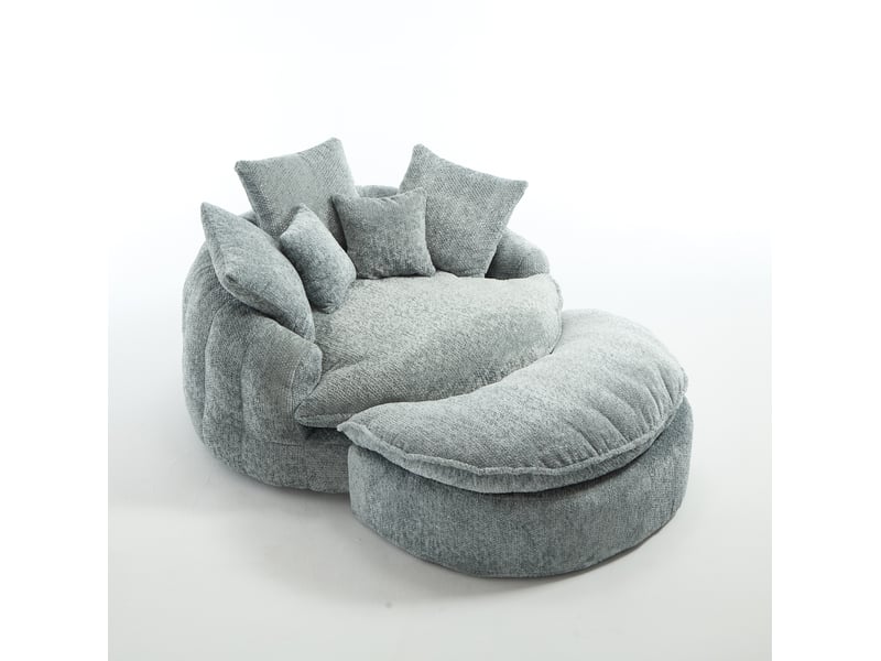  Fauteuil rond surdimensionné 138x190.5x63 cm, dossier large, coussins inclus, mousse dense, polyester, bleu gris  - Conforama A