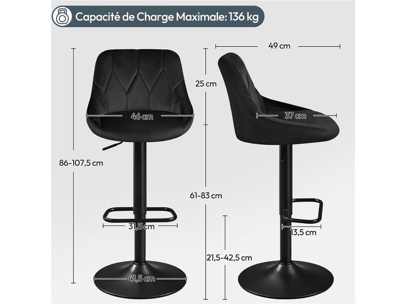 Lot de 4 chaises hautes pivotantes en velours avec hauteur réglable et base antidérapante 593510 Black(2pcs)*2 - Conforama D
