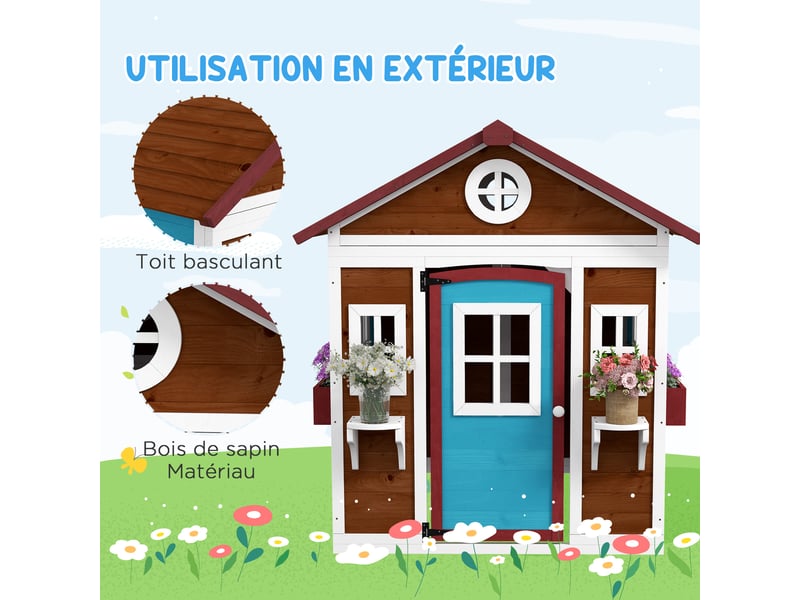  Cabane enfant extérieur maison enfant extérieure avec porte fenêtres et jardinières marron 114 x 126,4 x 135 cm  - Conforama E