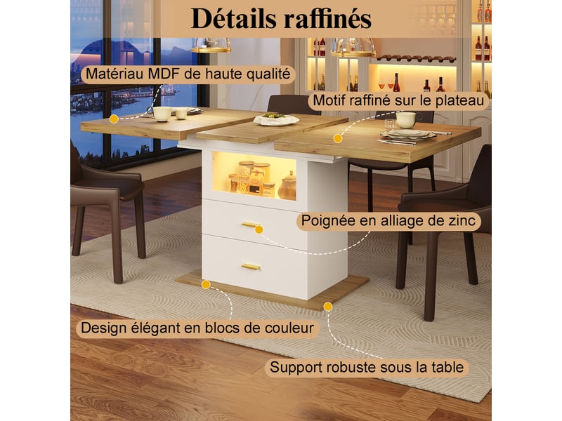 Table à manger extensible 110-140 x 80 x 75 cm, pieds de table avec led intégré, 6 personnes pour salles à manger, blanc - Conforama D