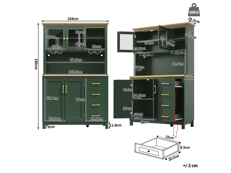  Buffet haut vert 105,5x40x180 cm, meuble de cuisine rangement style campagne, 4 portes, led, porte-bouteilles  - Conforama C