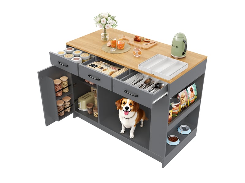 Îlot de cuisine avec 3 tiroirs et espace de repos pour animal, naturel et gris - Conforama A