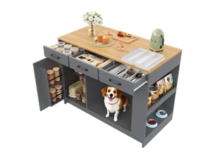Îlot de cuisine avec 3 tiroirs et espace de repos pour animal, naturel et gris