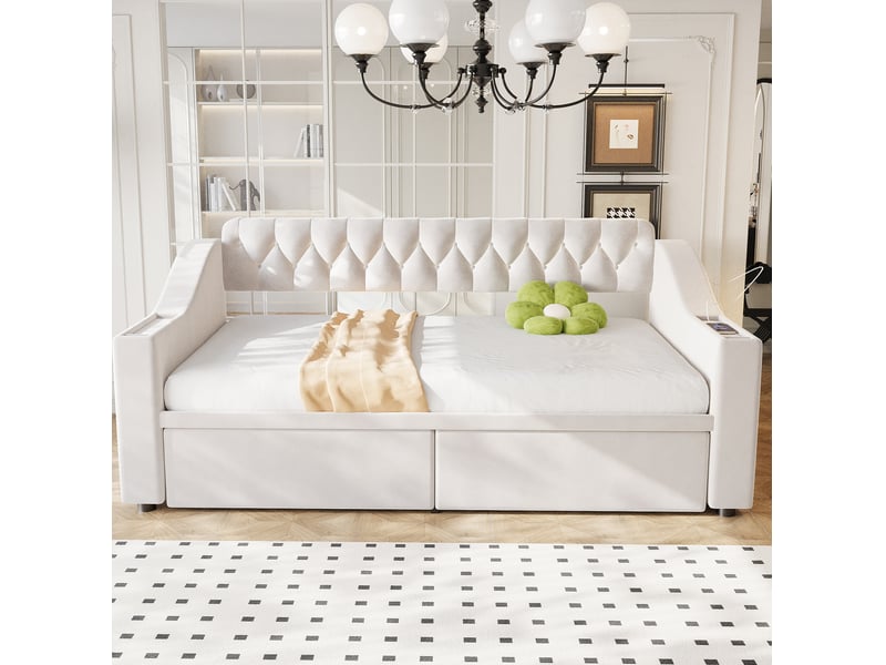  Lit enfant 90x190 cm tiroirs accoudoirs larges poches latérales ports usb revêtement velours beige sans matelas  - Conforama B