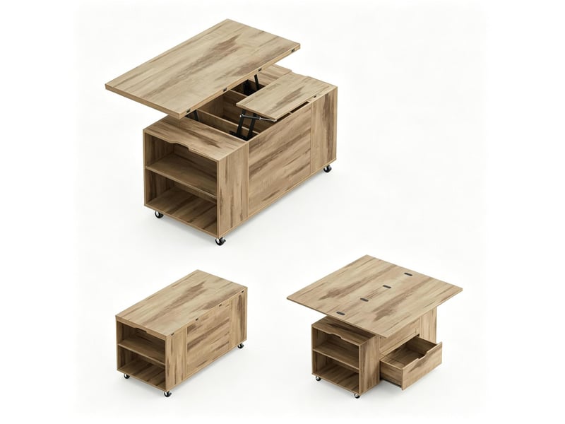  Table basse relevable et extensible sur roulettes, bois et métal, chêne clair  - Conforama A
