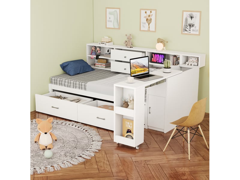  Modenvie lit 1 place 90x200 cm - avec rangement intégré, bureau extractible et ports usb - blanc  - Conforama E