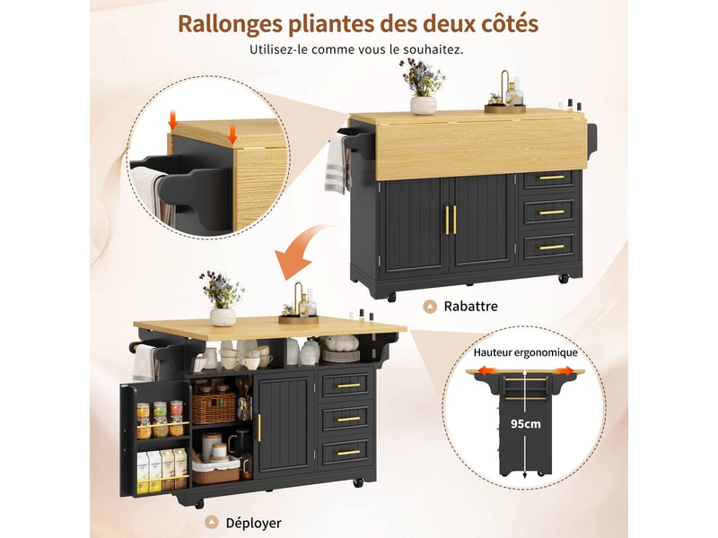 Meuble de cuisine muvano, îlot de cuisine sur roulettes noir, double abattant, longueur 120 cm - Conforama E