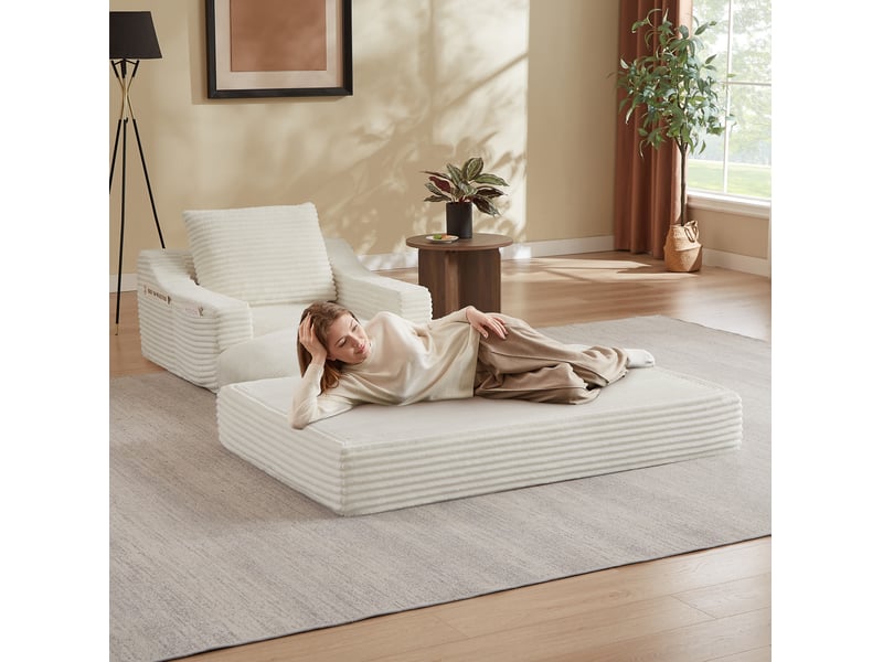  Fauteuil convertible lounge avec design double couche et couchage d'appoint, assise moelleuse en velours côtelé blanc  - Conforama C