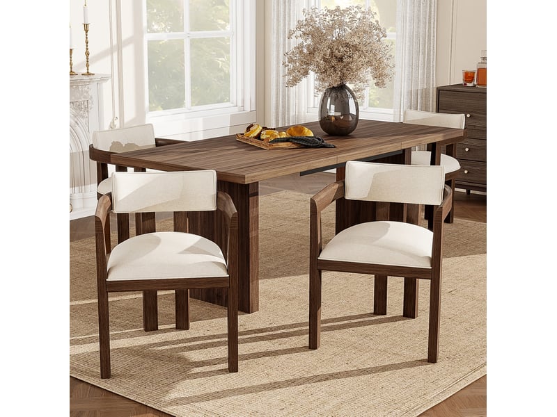  Lot de 2 chaises de salle à manger avec accoudoirs en bois et lin, coloris noyer  - Conforama C