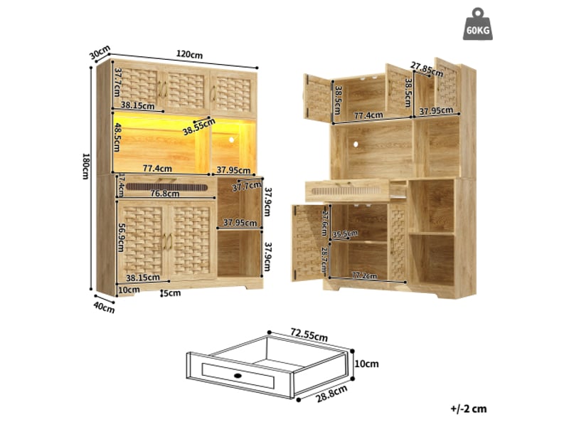 Buffet haut 120x40x180 cm, meuble haut pour salon et salle à manger avec tiroirs et portes mdf texturées - Conforama C