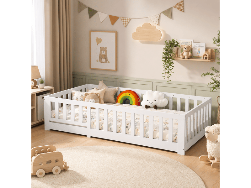  Lit enfant 90x200 cm, lit au sol avec barrière de sécurité et sommier à lattes, lits montessori pour garçons et filles, charge jusqu’à 100 kg, blanc  - Conforama B