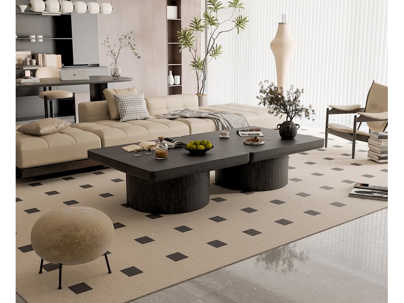  Table basse carrée moderne noire 78 x 78 cm – plateau plaqué motif parquet, pied cylindrique  - Conforama C