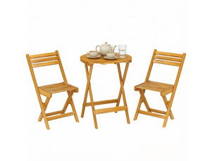 Salon de jardin pliant 2 places en bois naturel, table ronde 60 cm et 2 chaises, idéal pour extérieur