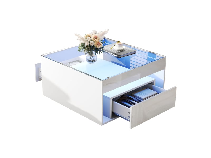  Table basse, avec éclairage led, avec 2 tiroirs, 70 x 70 x h 35 cm, blanc, plateau en verre trempé, structure en mdf, style moderne, pour votre salon Luxe haut de gamme - Conforama A