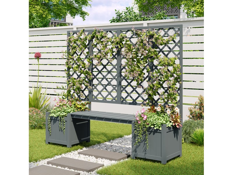  Banc jardinière avec treillis 169x145x42 cm gris en bois, avec bacs de plantation et assise extérieure  - Conforama B