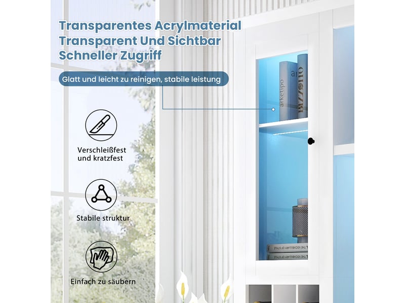  Vitrine 143x45.5x170 cm avec éclairage led 7 couleurs, buffet salon en blanc, buffet haut avec porte en acrylique, mdf  - Conforama E