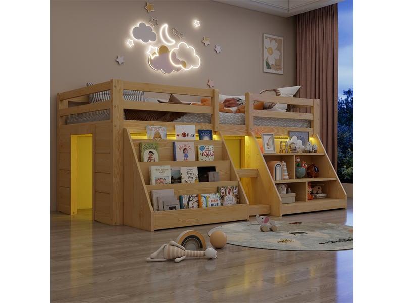  Lit mi-hauteur enfant 90x200 cm avec étagères, lit surélevé en pin avec led, garde-corps, échelle et rangements intégrés, naturel OPULERANE TRADING LTD - Conforama B