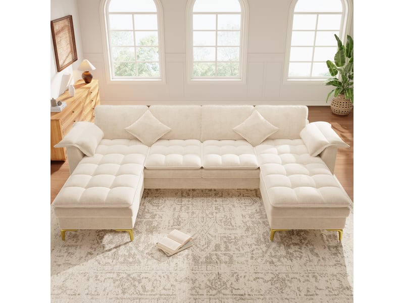 Canapé d'angle panoramique fixe 4 places tissu beige - Conforama D