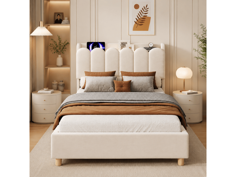  Lit simple 90x200 cm, lit enfant, sommier à lattes, usb et usb-c, tête de lit rembourrée, velours beige  - Conforama C