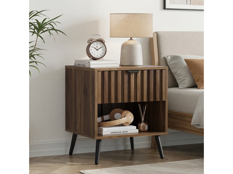 Table de chevet 45x40x53 cm – 1 tiroir cannelé & 1 niche – style scandinave & rétro chic - bois - noyer - Conforama B