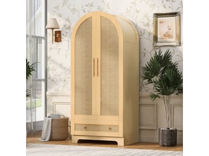 Armoire bois 70x55x170 cm à 2 portes effet rotin, avec tiroirs et étagères