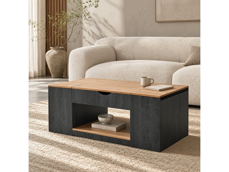  Table basse relevable hydraulique 109,5x59,7x43 cm, 3 rangements, design moderne, mdf, gris brun effet bois  - Conforama D