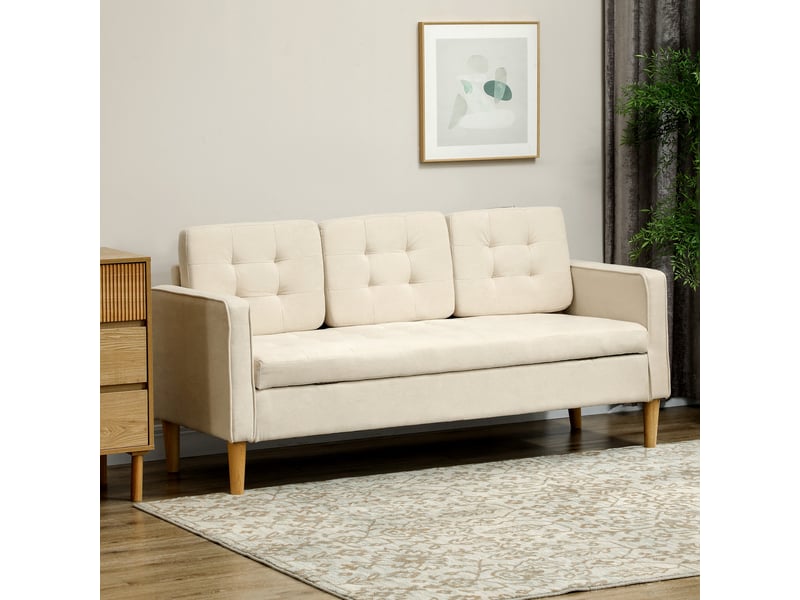  Canapé 3 places en flanelle de neige, canapé moderne avec rangement caché, dossier capitonné, crème, 166,5 x 62 x 82 cm  - Conforama D