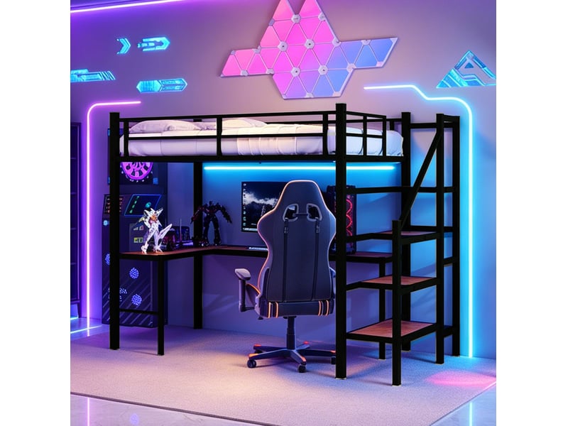 Lit mezzanine 90 × 190 cm 1 place avec bureau, étagères, rangement et escalier, sans matelas, en fer, noir  - Conforama C
