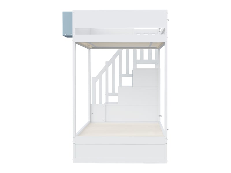 Lit superposé enfant 200×90 cm avec 2 tiroirs, escalier de rangement et tablette amovible, blanc et bleu - Conforama E