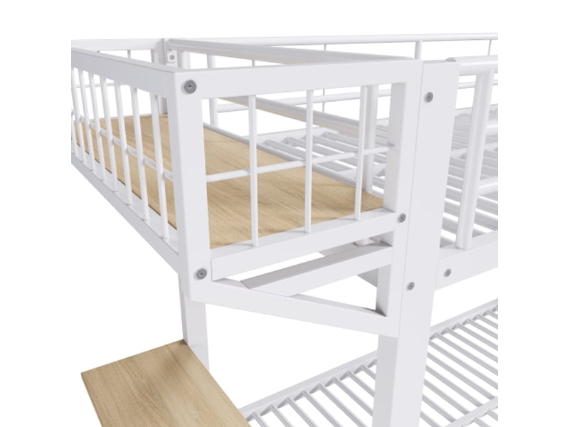  Lit superposé 4 places 140 x 200 cm avec led réglable par application, escalier avec rangement et 3 compartiments, métal blanc, garde-corps  - Conforama E