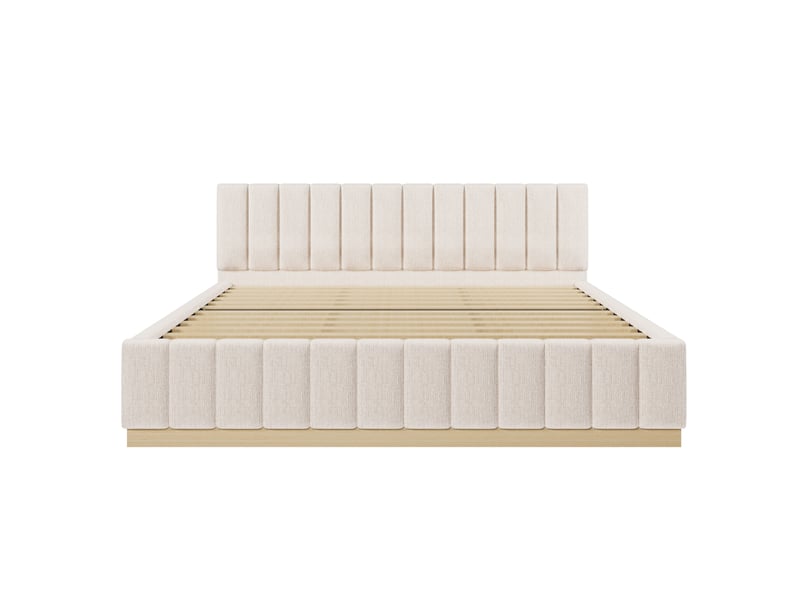  Lit plateforme 180x200 cm beige, tissu chenille, tête de lit rembourrée, sommier à lattes inclus, structure anti-glissement  - Conforama A
