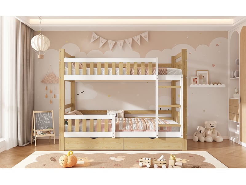  Lit superposé 90x200 cm bois blanc et naturel convertible en 2 lits simples avec échelle barrière de sécurité et 2 tiroirs Sol Morn - Conforama B
