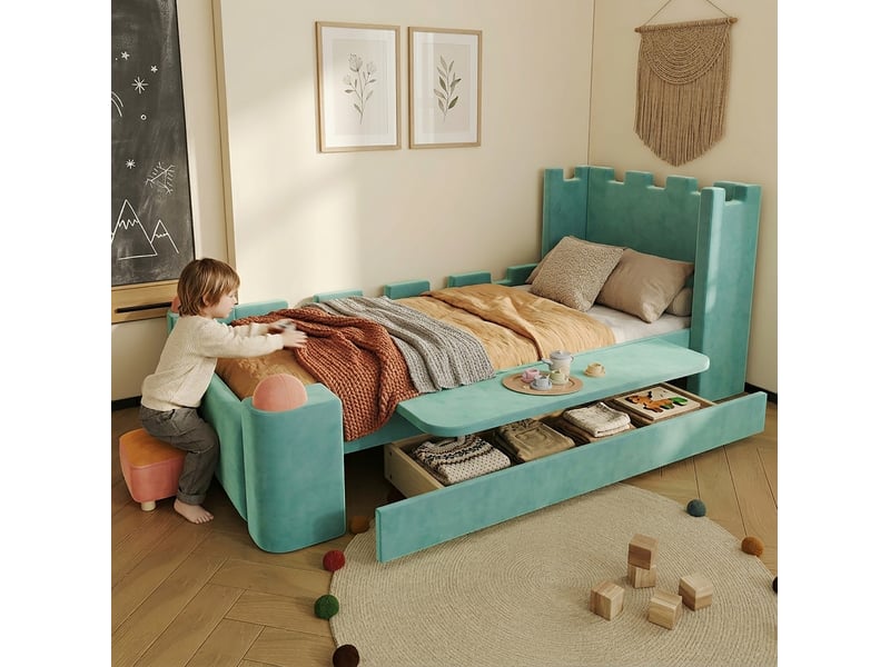  Lit enfant simple 90x200 cm, tablette latérale rabattable, tiroir rangement et bureau, bois, bleu-vert, sans matelas  - Conforama D