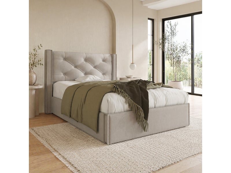 Lit coffre 90 × 200 cm 1 place avec rangement hydraulique et tête rembourrée, matelas inclus, coton gris clair  - Conforama B