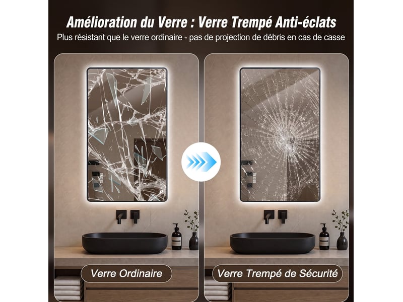  Miroir de salle de bains led 100x60 cm noir avec antibuée et variateur  - Conforama W