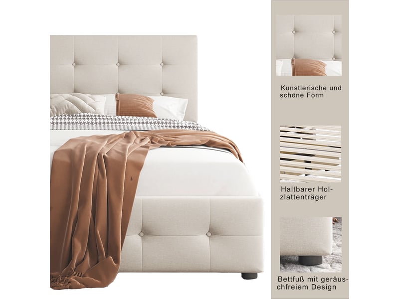  Lit coffre 90x200 with 2 tiroirs, lit 1 place 90x200, lits rembourrés avec cadre à barreaux, lit 90 x 200 cm,cadre de lit avec avec sommier à lattes, dossier, en tissu velours beige doux drawers - lit simple plat pour enfants, a…  - Conforama D