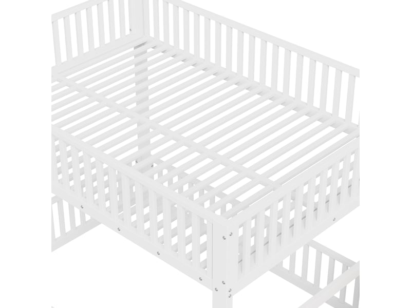  Lit superposé bas 140x200 cm blanc, avec escalier de rangement, led, garde-corps, structure métal, sommier inclus, sans matelas  - Conforama E