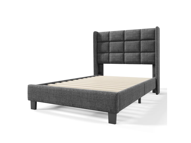  Lit simple 90x200 cm avec sommier à lattes, lit adulte avec tête de lit rembourrée, design moderne, lin, gris  - Conforama B