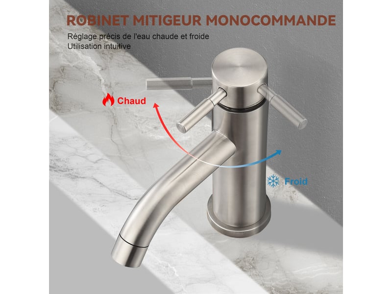 Mitigeur de lavabo - 17.5 x 16 cm gris - robinet de salle de bain monotrou en acier inoxydable avec cartouche ceramique  - Conforama D