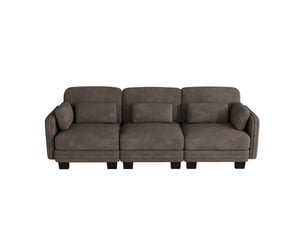 Canapé droit modulable 3 places en chenille marron avec coussins lombaires et accoudoirs inclus