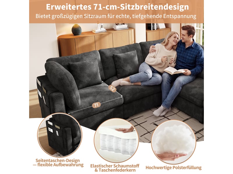 Canapé panoramique en u modulable convertible avec 2 poufs de rangement, poches latérales et 6 coussins chenille gris - Conforama E