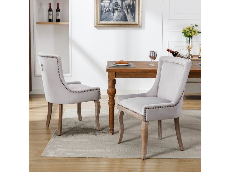  Chaise salle a manger velours rembourree bois massif grise dossier courbe homvra  - Conforama C