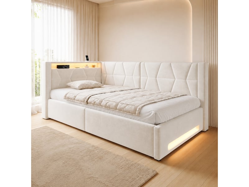 Lit coffre simple 90×200 cm avec rangement, led, usb et type-c - okmyhome- en velours beige, sans matelas - Conforama B