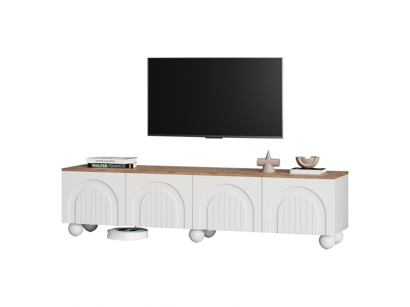 Meuble TV blanc avec fonction de rangement, 4 portes, 6 pieds métalliques ronds, dimensions 180 × 40 × 45 cm  - Conforama A