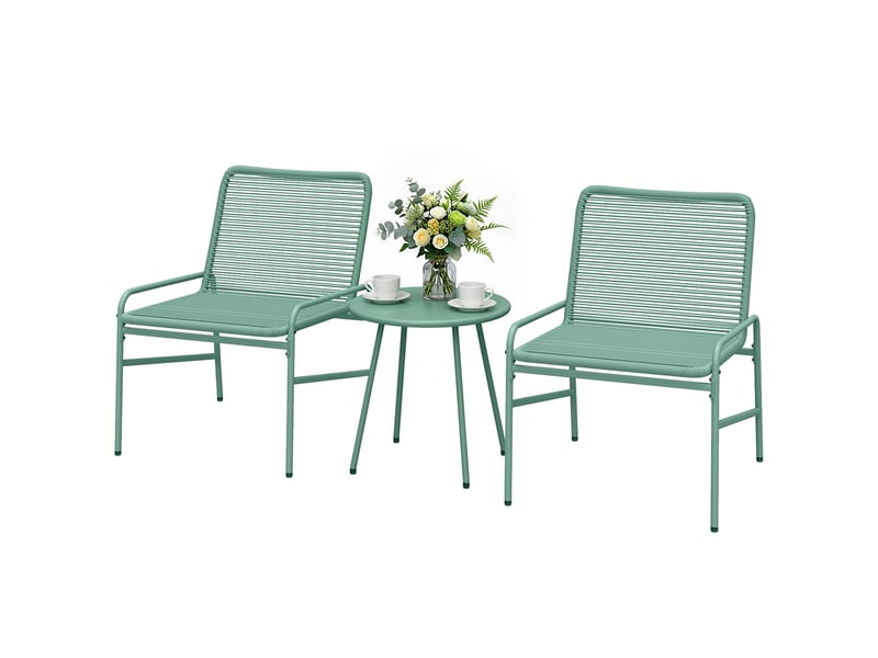 Salon de jardin extérieur 3 pcs en résine tressée et acier, table ronde avec 2 chaises, vert - Conforama A